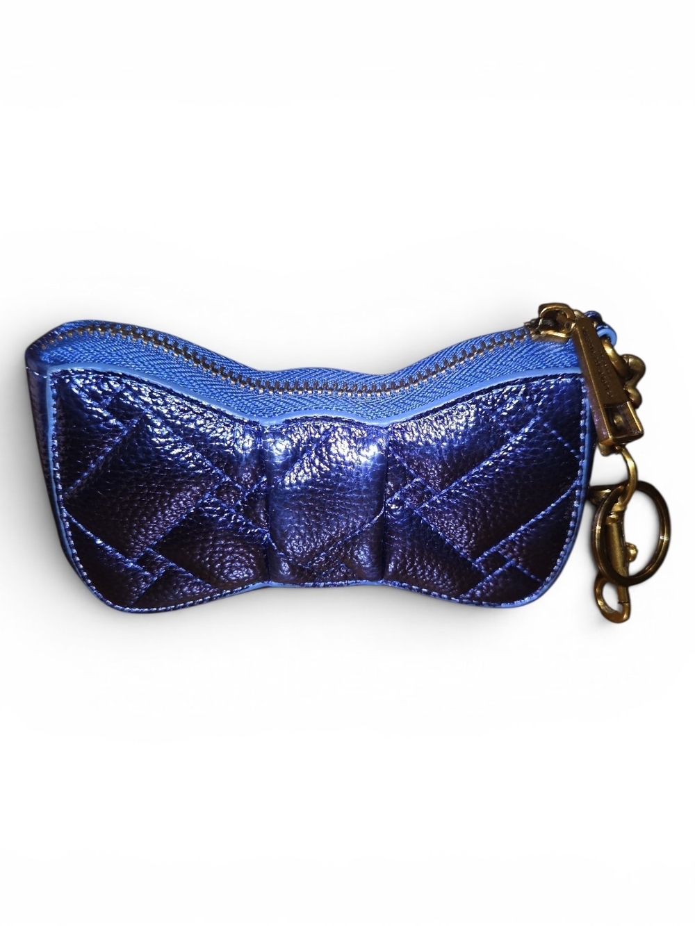 Kurt Geiger Metallic Blue Bow Keychain Pouch with Gold Accent - Picture 4 of 5